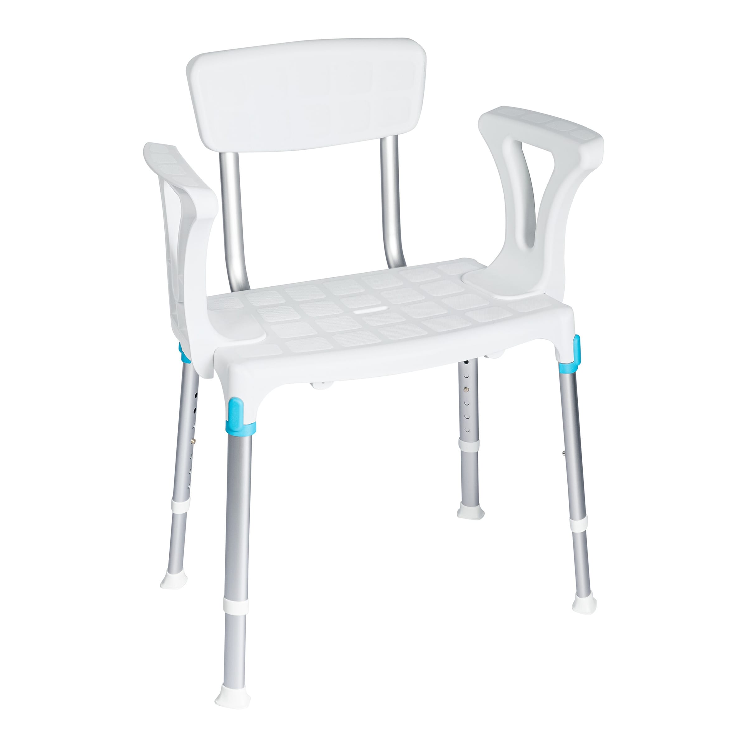 Duschstuhl mit Rücken- und Armlehnen weiss silber