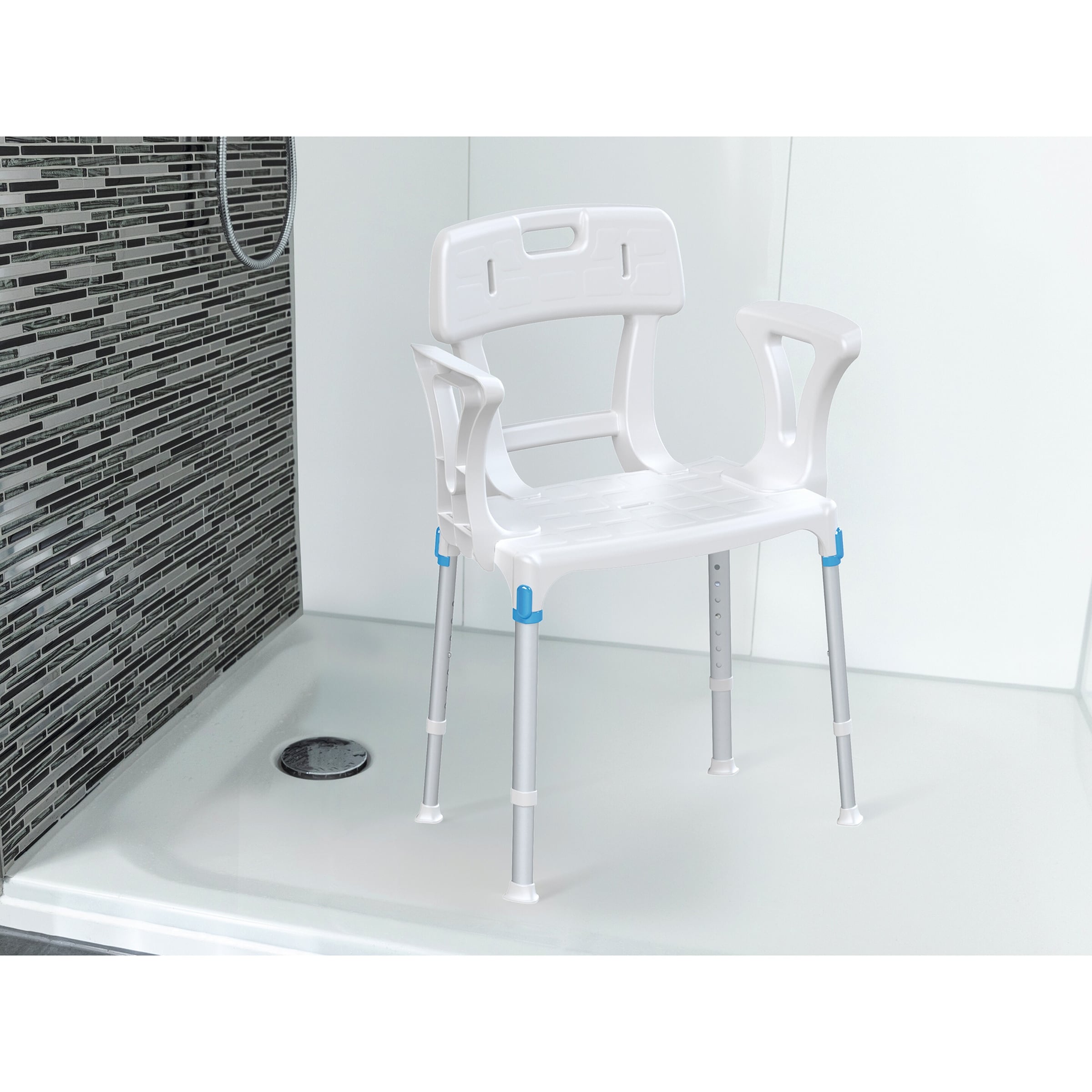 Duschhocker "laguna" mit Hygieneausschnitt, Armlehne, Rückenlehne