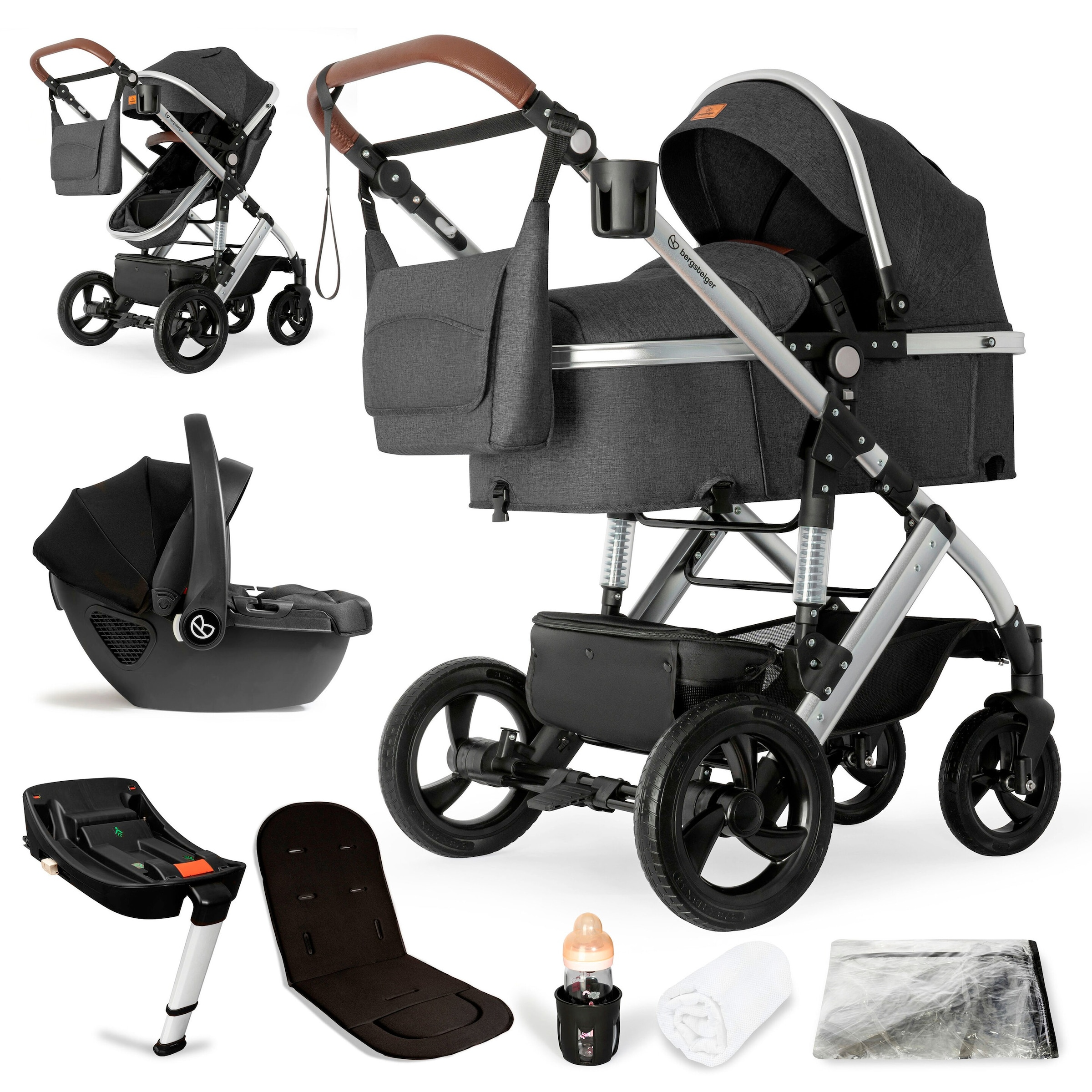 Bergsteiger Kinderwagen Nizza + Babyschale + Isofix-Station grau
