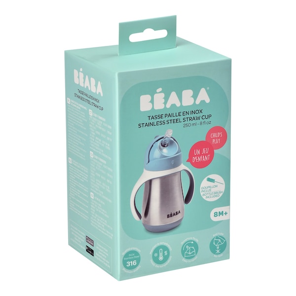 Beaba - Biberon d'apprentissage en inox avec poignées et paille 250 ml