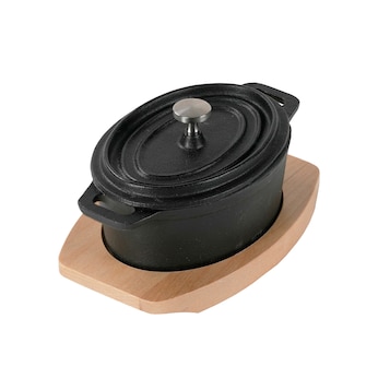 Freyersbacher Mini Cocotte 12x8,5 cm Gusseisen, Kleiner Emaille Topf | Oval, mit Brett und Tuch