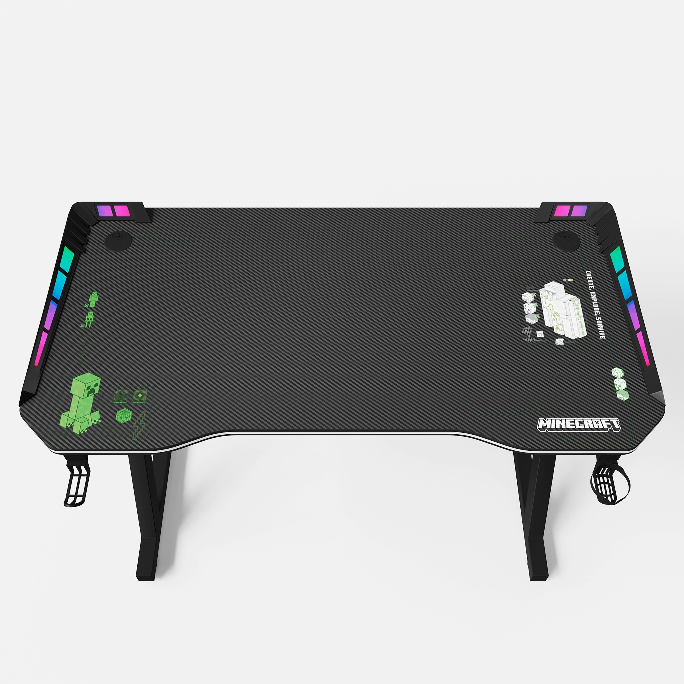Roba Gaming Tisch mit LED, Becher- und Headphonehalterung, Z-Fuß aus Metall Minecraft