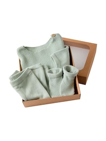 Baby Strick-Set: Pullover, Hose und Schühchen, Geschenkbox