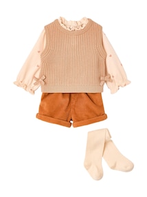 Mädchen Baby-Set: Bluse, Shorts, Pullunder & Strumpfhose