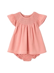 Baby-Set: Kleid mit Schmetterlingsärmeln und Shorts, gesmockt