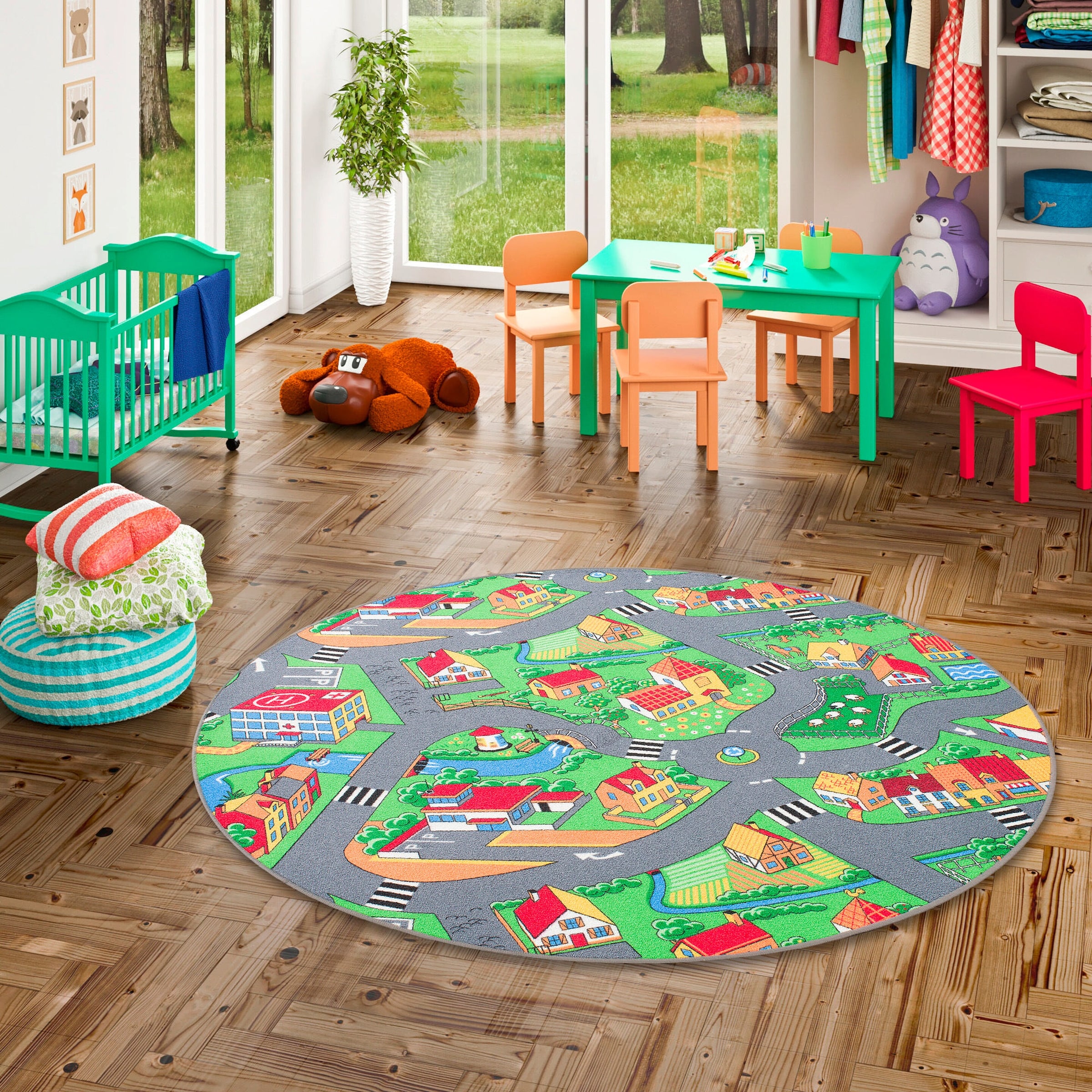 Snapstyle Kinder Spiel Teppich Little Village Rund