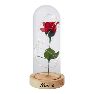 Glazen stolp met leds “Eeuwige roos” gepersonaliseerd met naam