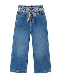 Weite Paperbag-Jeans mit bedruckten Stoffgürtel Mädchen, Bundweite verstellbar