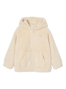 Mädchen Jacke aus Fell-Imitat mit Kapuze, Herzstickerei