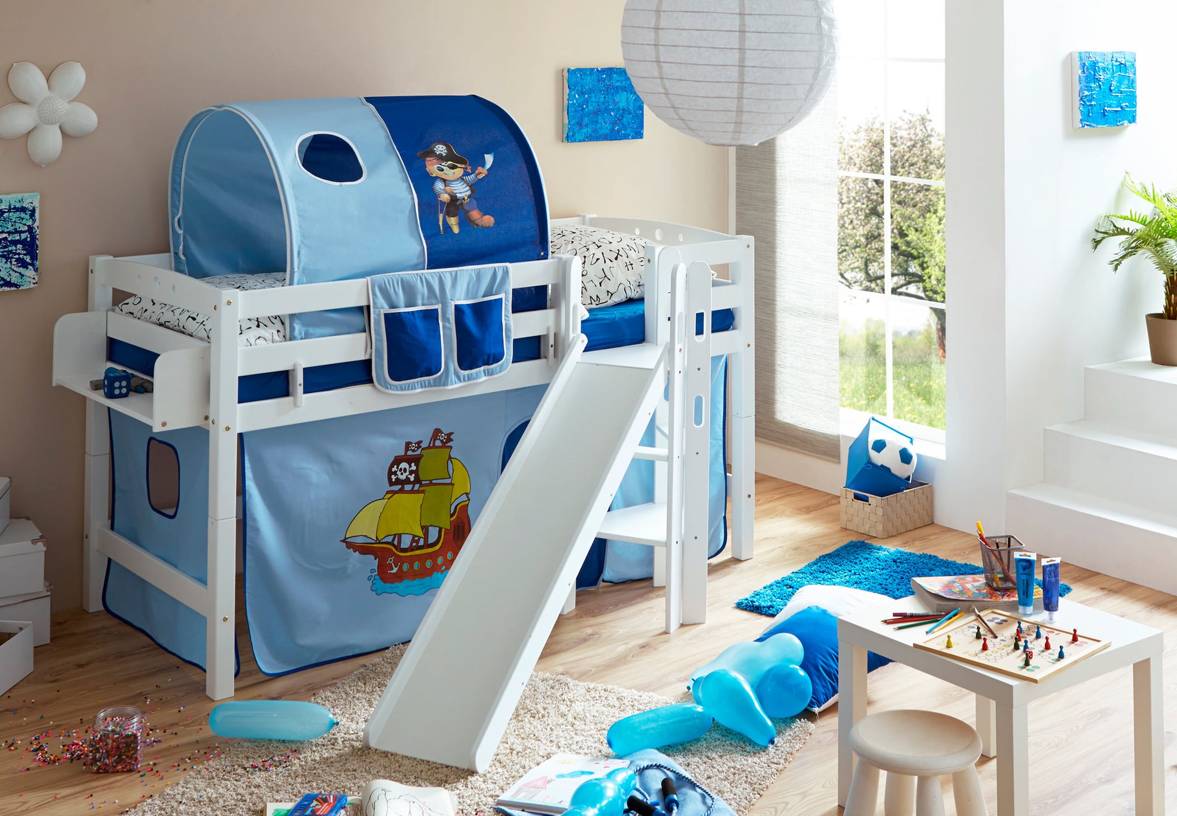 Ticaa Hochbett Hochbett mit Rutsche Podestbett "Tino" Buche Weiß