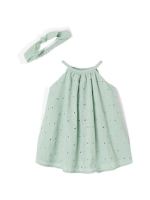 Baby Tr‰gerkleid aus Lochstickerei mit Haarband