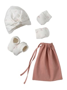 Mädchen Baby-Set: Mütze, Fäustlinge, Schühchen & Beutel