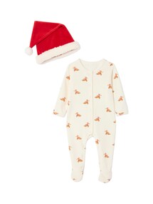 Weihnachts-Set: Baby Samt-Schlafanzug & Mütze mit Rentiermotiv Geschwister-Capsule