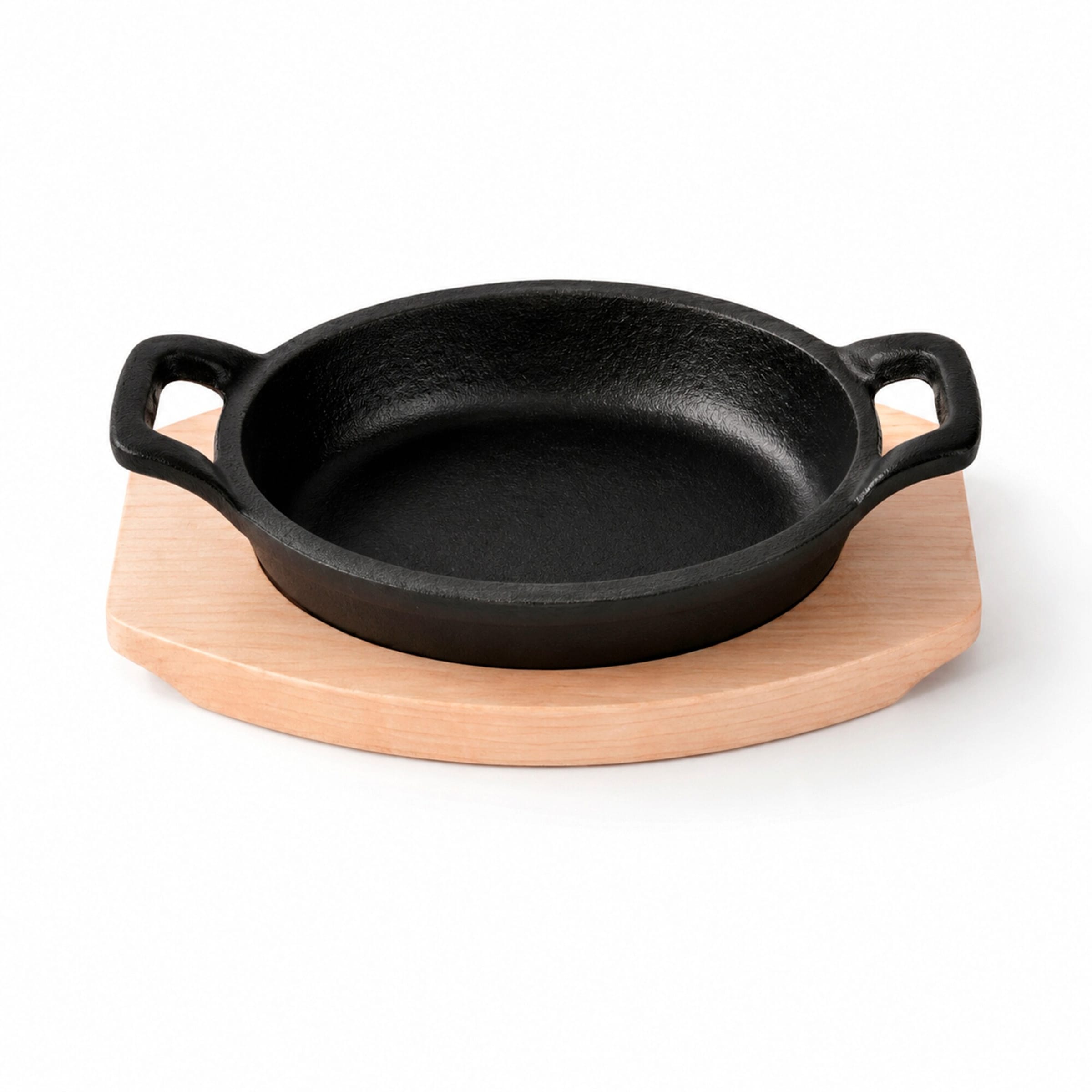 Freyersbacher Kleine Gusseisenpfanne Oval 14x9 cm, Emaille Servierpfanne | Mit Brett und Tuch