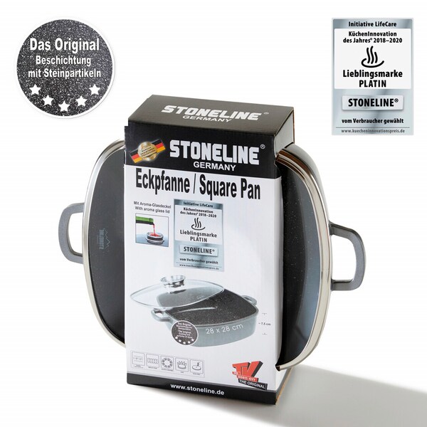 STONELINE - Eckpfanne 28x28 cm mit Aroma Glasdeckel, Pfanne 