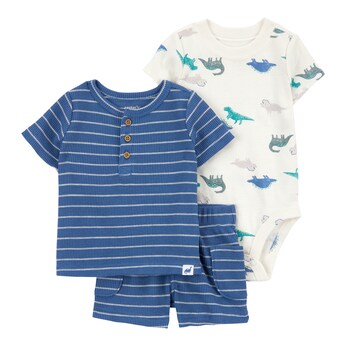 3-tlg. Set Body kurzarm, T-Shirt und Shorts Ringel Dinos