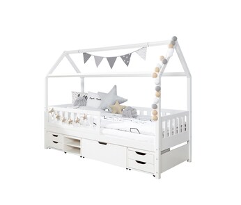 Hausbett "Traumhaus" mit Funktionsschubkasten Kiefer Weiß