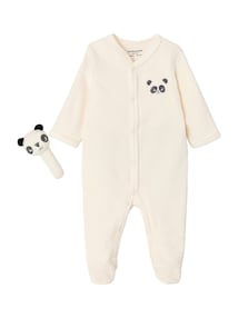 Baby-Set PANDA Strampler und Rassel aus Samt, Bio-Baumwolle
