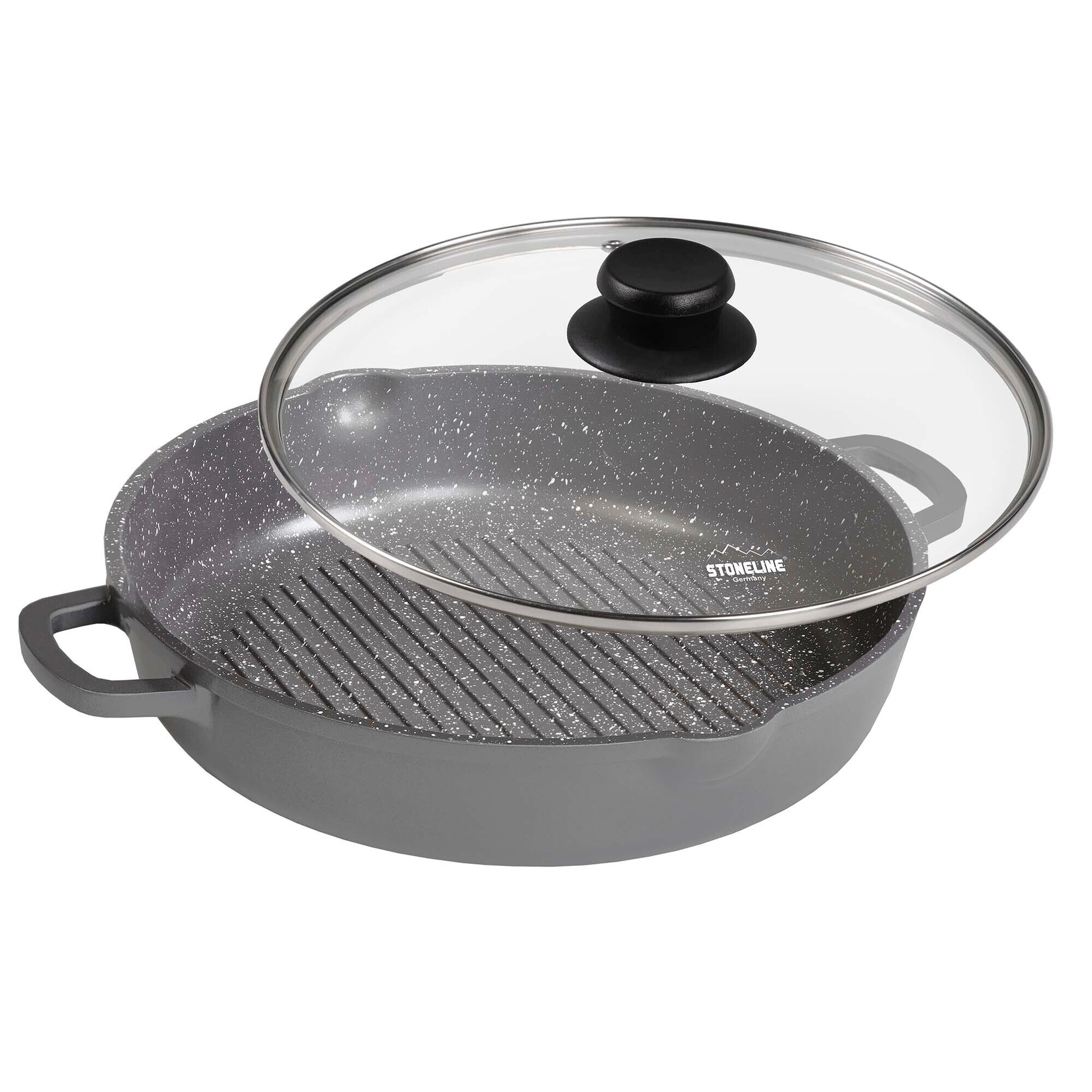 STONELINE® STONELINE STONELINE® Grillpfanne 28 cm rund mit Glasdeckel, 2 Ausgüssen