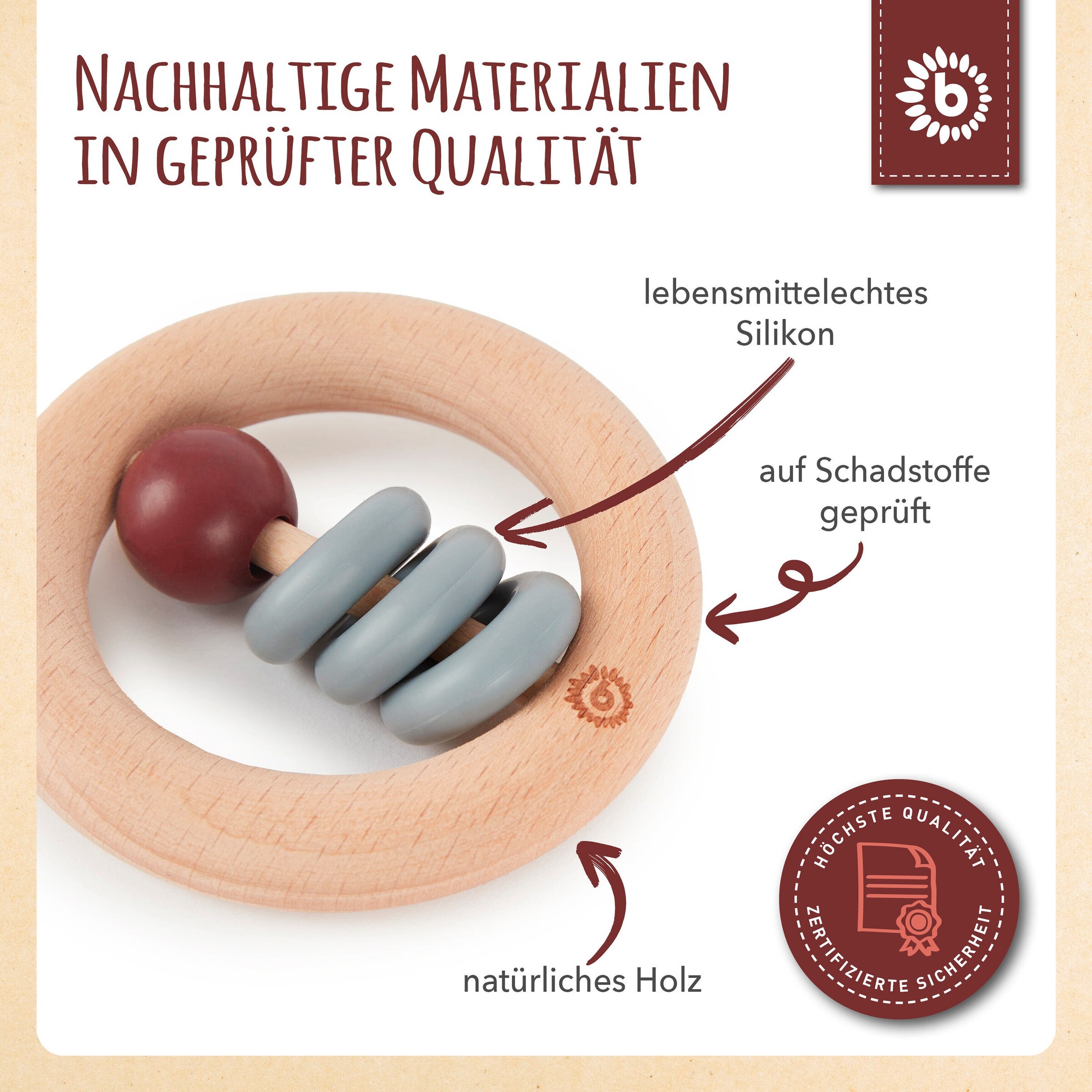 Thumbnail - Bieco Holz Beißring mit Silikonball Rund - ab Geburt